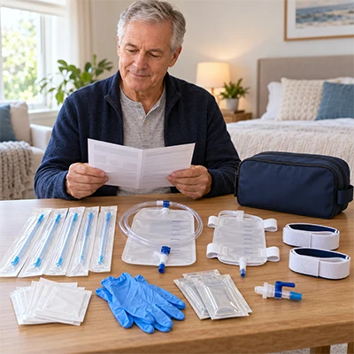 Man ready a guide on catheter use