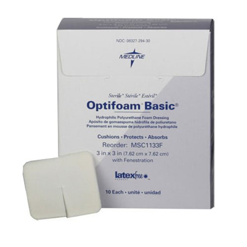BX/10 - Medline Optifoam&reg; Basic Polyurethane Foam Dressing, with Fenestration, 3" x 3" - Best Buy Medical Supplies