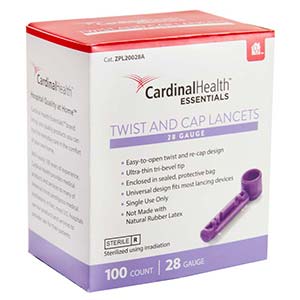BX/100 - Cardinal Health Essentials&trade; Twist and Cap Lancets, 28G, Purple - Best Buy Medical Supplies