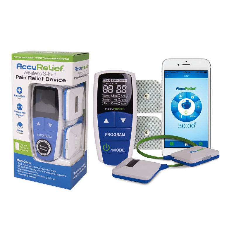 EA/1 - Carex AccuRelief™ Wireless 3-in-1 Pain Relief TENS Device, Used with Remote and Mobile App, 2.09" x 4.53" Depth 0.96" 0.22 lb - Best Buy Medical Supplies