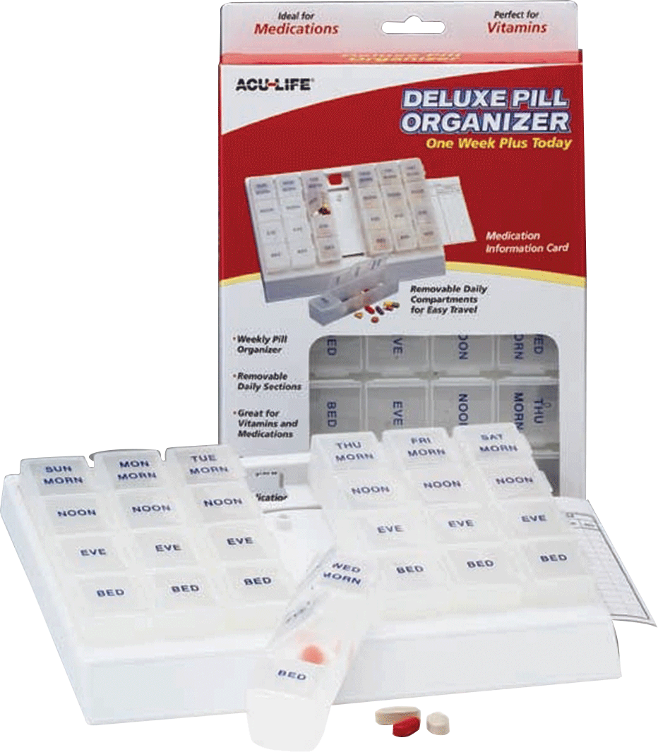 EA/1 - Health Enterprises Acu-Life&reg; Deluxe Pill Organizer with 28 Compartments 'One Week Plus Today' - Best Buy Medical Supplies