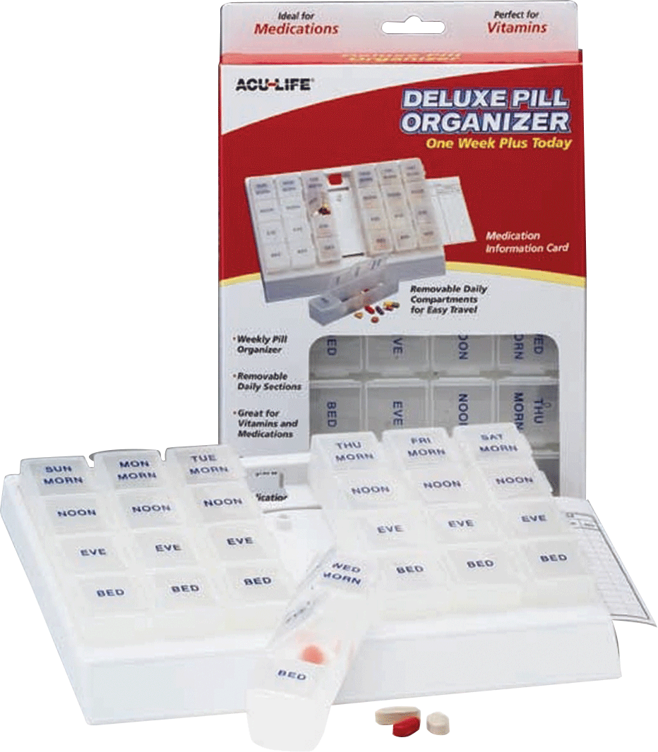 EA/1 - Health Enterprises Acu-Life® Deluxe Pill Organizer with 28 Compartments 'One Week Plus Today' - Best Buy Medical Supplies