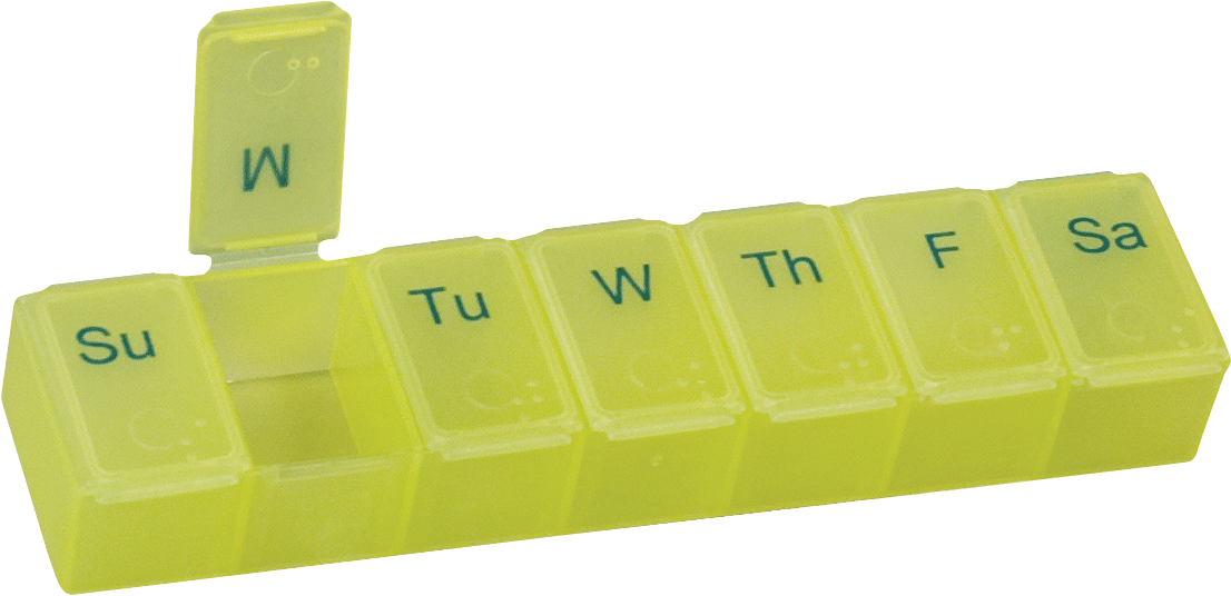 EA/1 - Health Enterprises Acu-Life® Large 7-Day Pill Box Display Tub, Yellow Color Tint, Covers Indicate Day of Week - Best Buy Medical Supplies