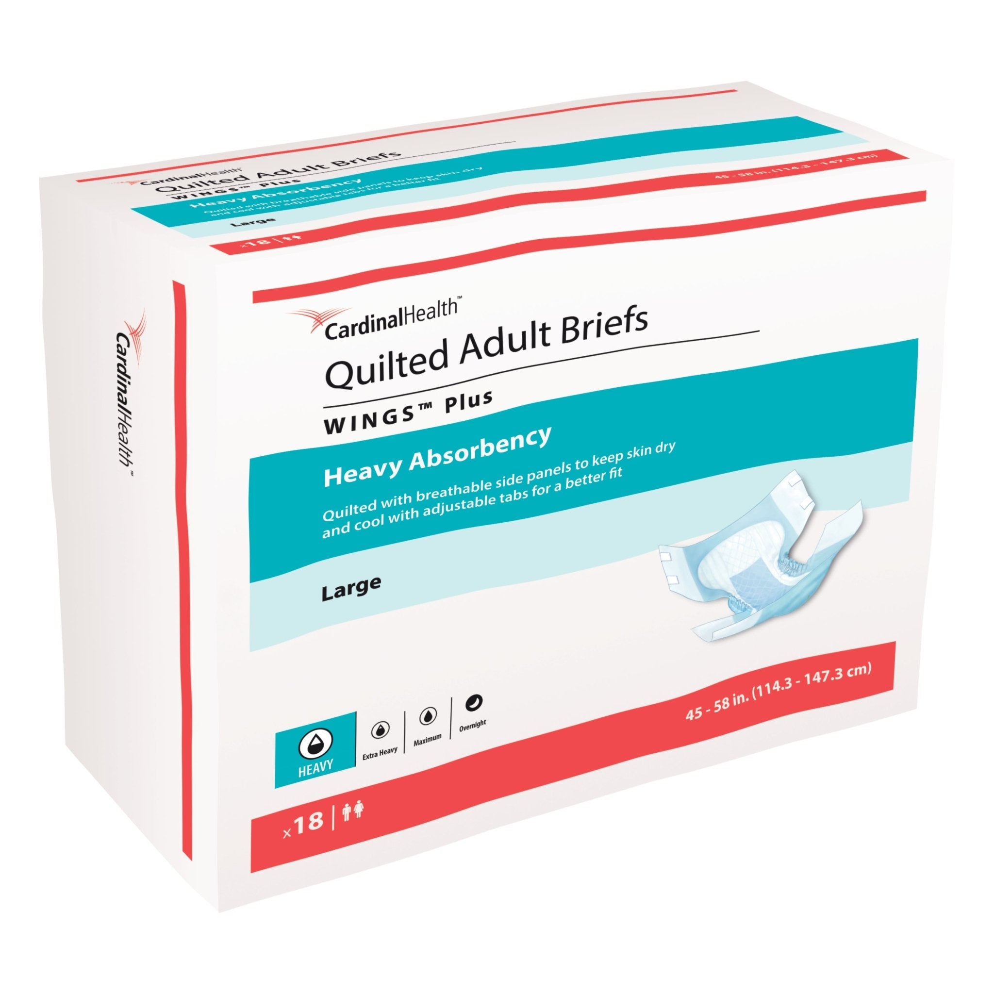 PK/18 - Cardinal Health, Quilted Adult Briefs, Wings™ Plus, Large, 45" - 58" - Best Buy Medical Supplies