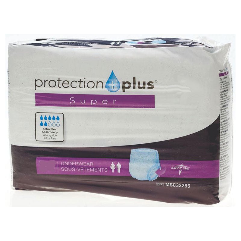PK/22 - Medline Industries Protection Plus® Super Protective Underwear 20" to 28" Waist, Small, Pull-up Design, Blue Stitching, Disposable - Best Buy Medical Supplies