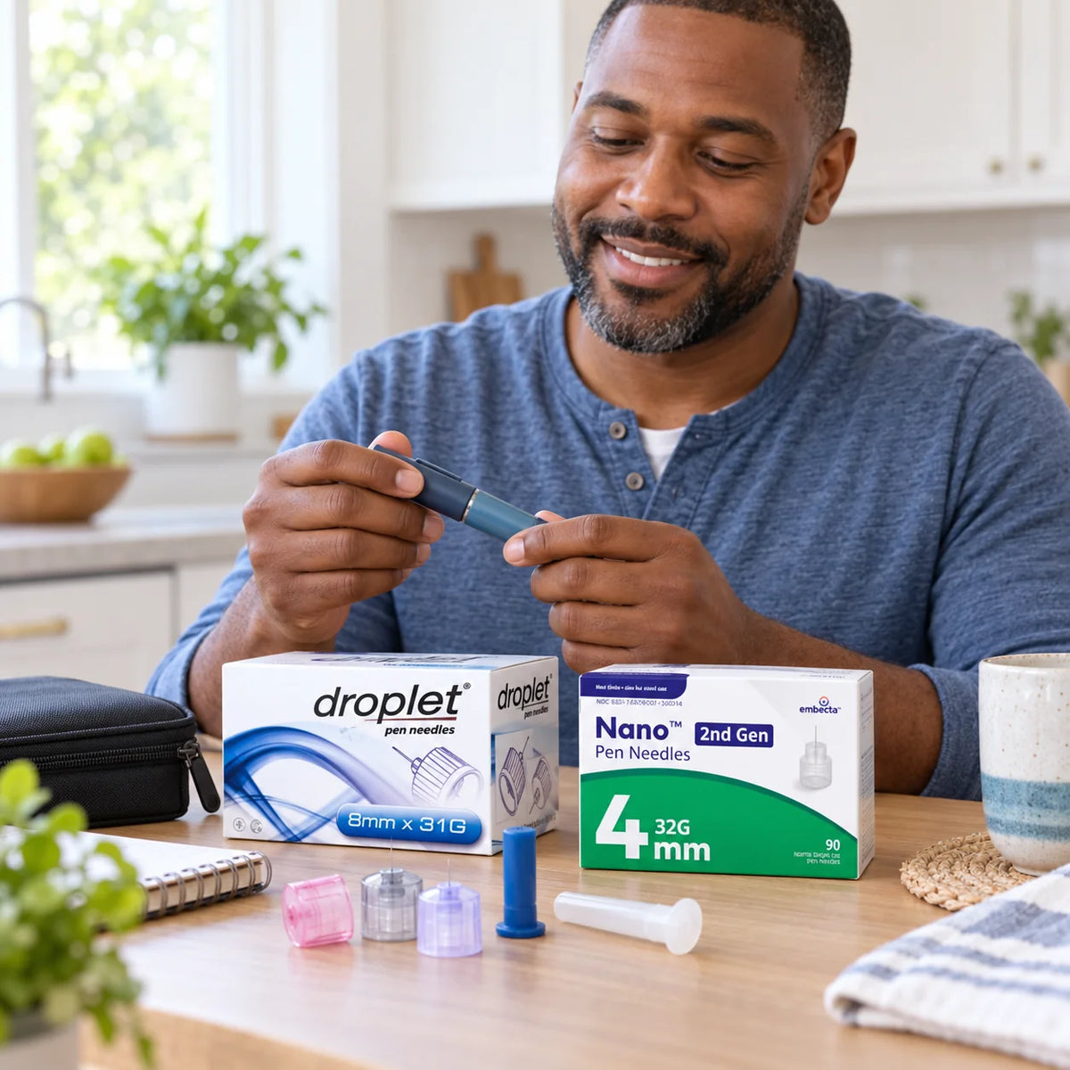 Man comparing 4 mm and 8 mm insulin pen needles