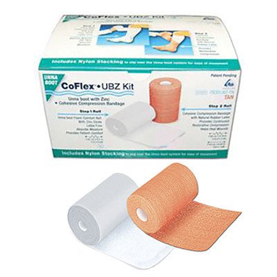 BX/1 - Andover Co-Flex&reg; Unna Boot Zinc Cohesive Bandage Kit, Two-Layer Compression with Medicated Foam, 25 to 30 mmHg, 3" x 7yd, Tan/White - Best Buy Medical Supplies