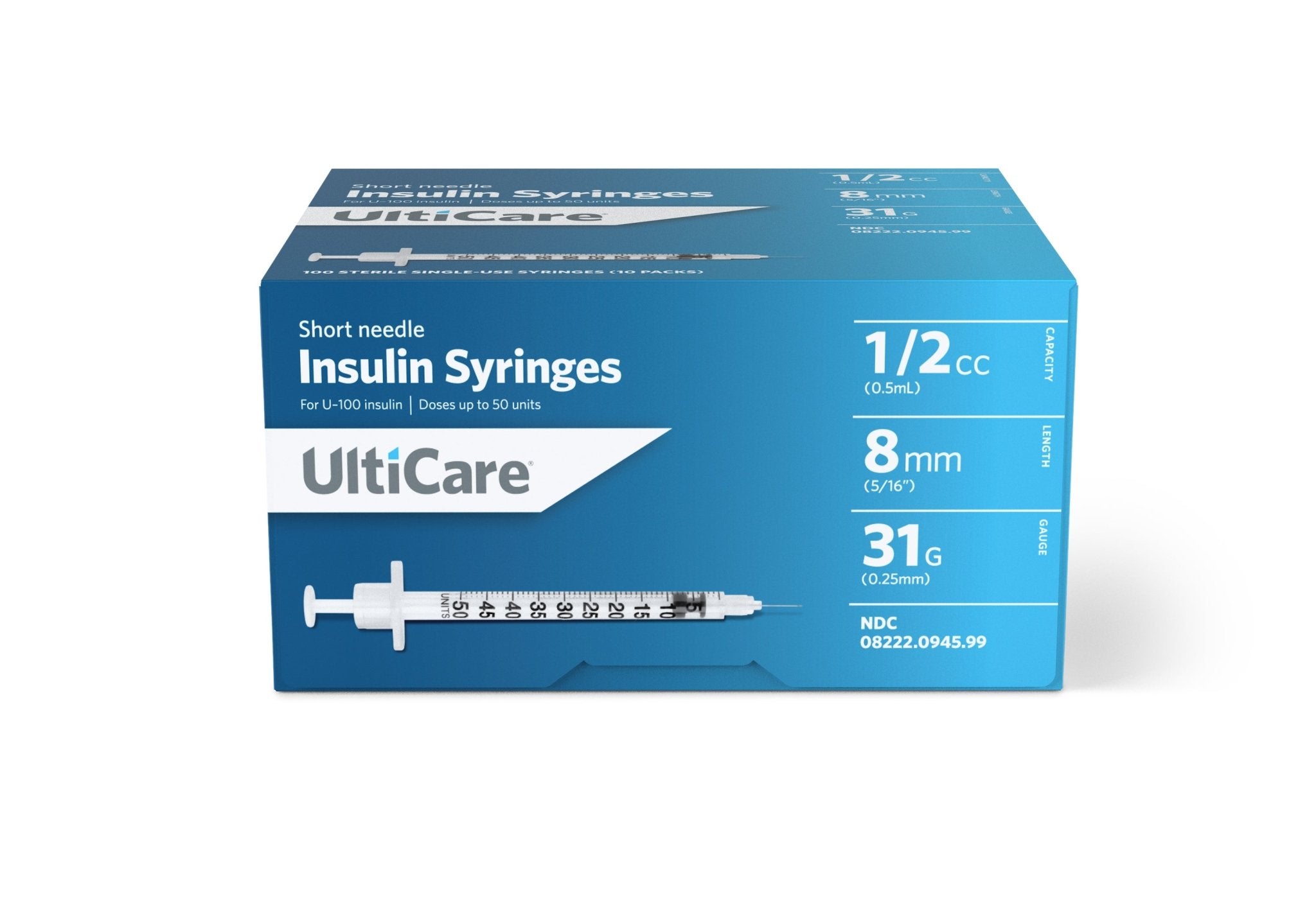 BX/100 - Ultimed UltiCare&trade; Short Needle Insulin Syringe 1/2cc, 31G x 5/16" Needle - Best Buy Medical Supplies