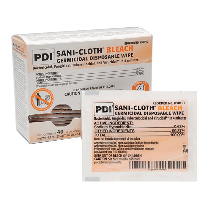 BX/40 - PDI Sani-Cloth&reg; Bleach Disinfectant Wipe, Germicidal, Individual Packet, Large, 5" x 7" - Best Buy Medical Supplies