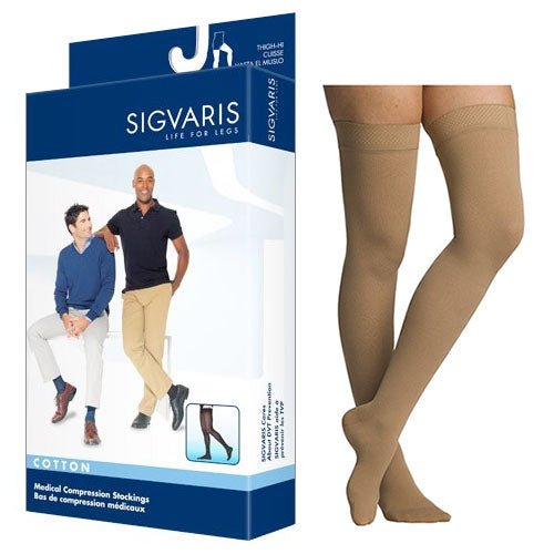 EA/1 - Sigvaris Cotton Comfort Compression Stocking, Thigh-High, 20 to 30mmHg, Large, Long, Male, with Grip-Top, Crispa - Best Buy Medical Supplies