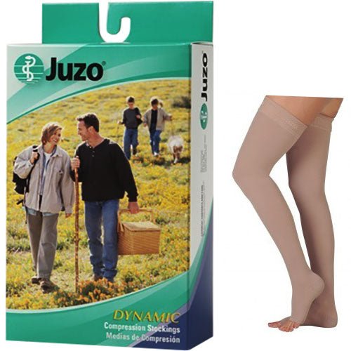 PK/2 - Juzo Dynamic Compression Stocking, Thigh-High, with Silicone Border, Open Toe, 30 to 40 mmHg, Petite, Size 1, Beige - Best Buy Medical Supplies